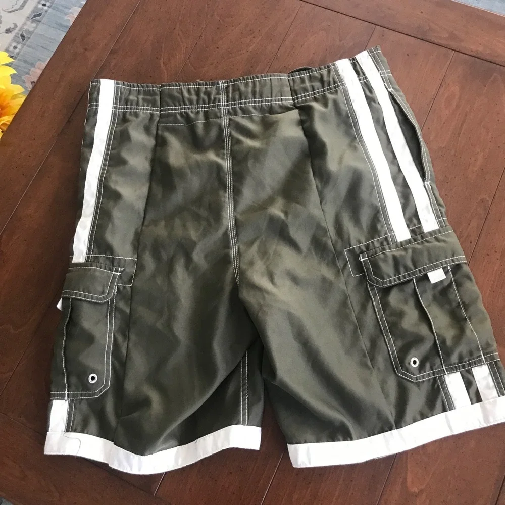 Joe Boxer Mens L Green w/ White Stripe‎ Swimming Trunks Lined with Cargo Pockets